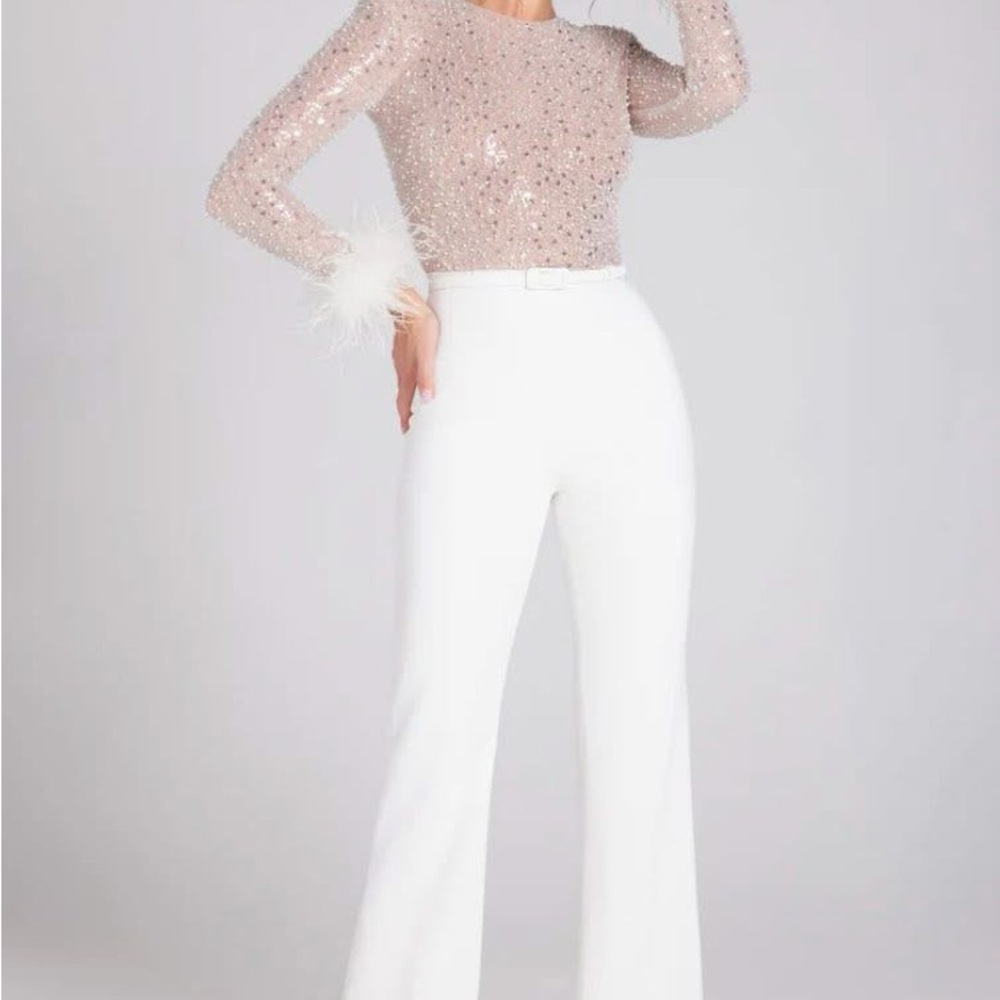 NADINE MERABI Sequin Nude and White Jumpsuit